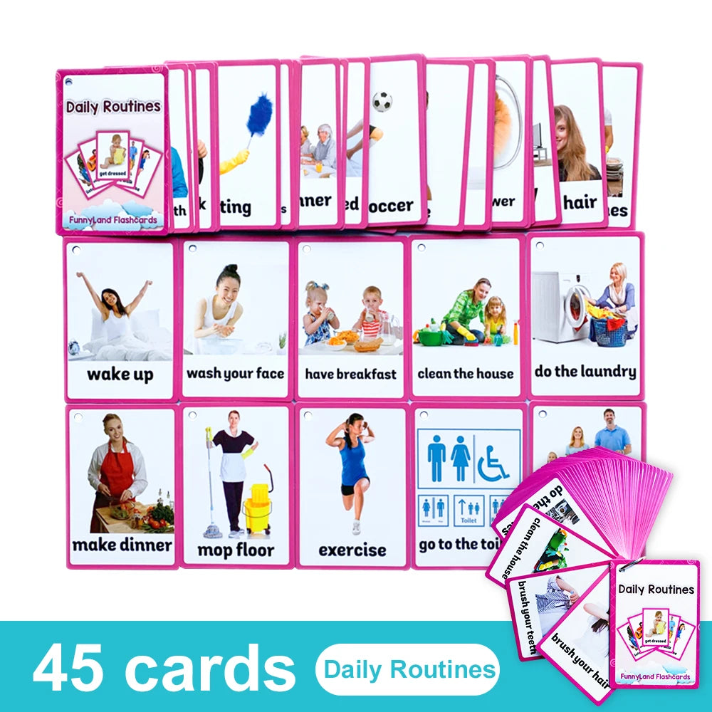 A set of 45 pink daily routine flashcards for kids featuring various activities like wake up, make dinner, and exercise.