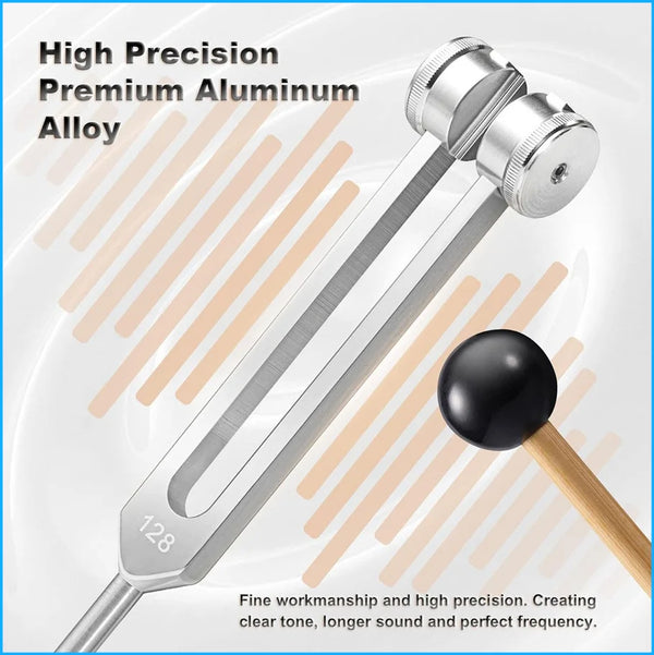A silver tuning fork with a brass mallet is shown, highlighting high precision aluminum alloy for acoustic tuning.