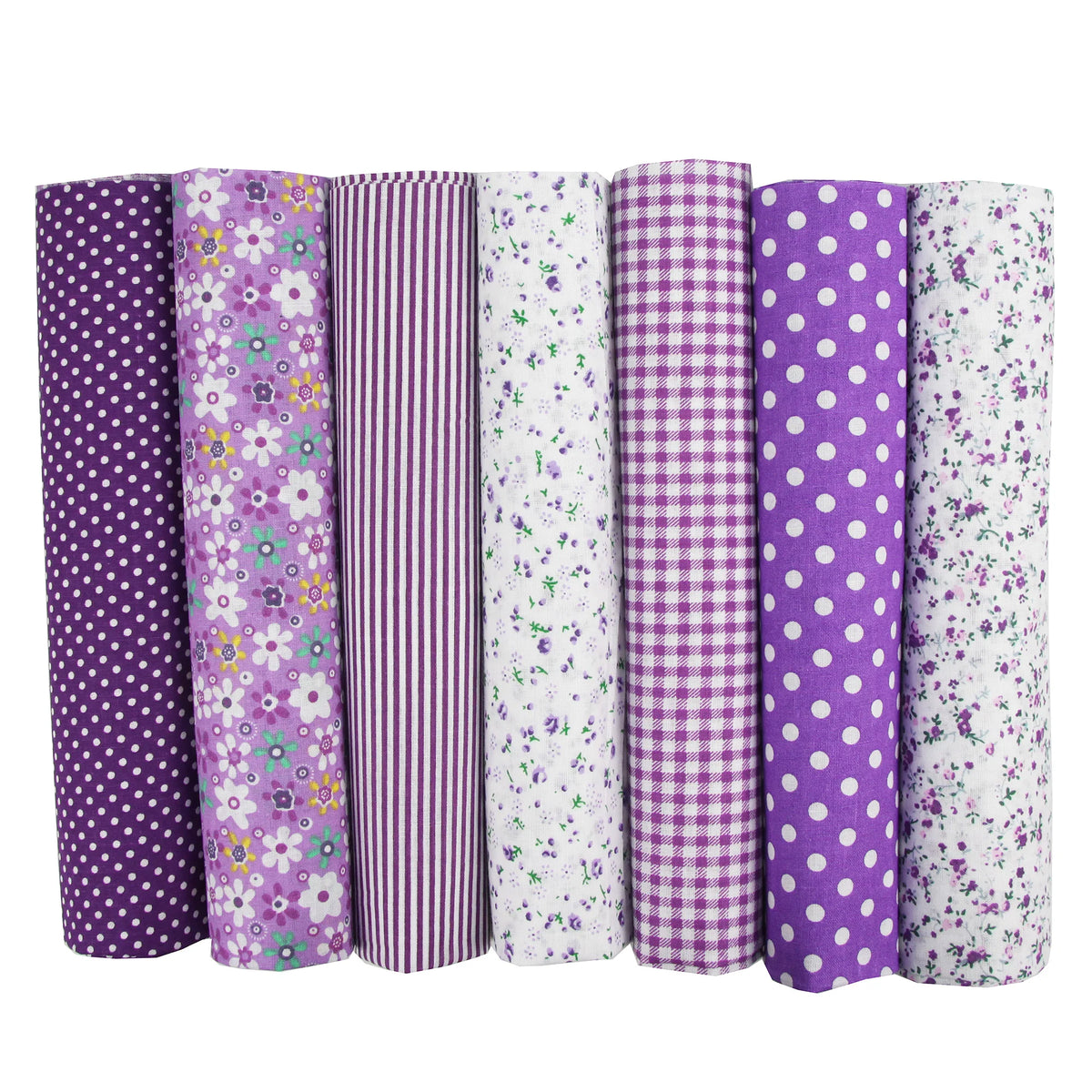 A pack of seven rolls of purple and white striped cotton fabric squares for quilting and patchwork