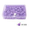 A clear plastic container filled with 100 purple linking cubes for early math learning.