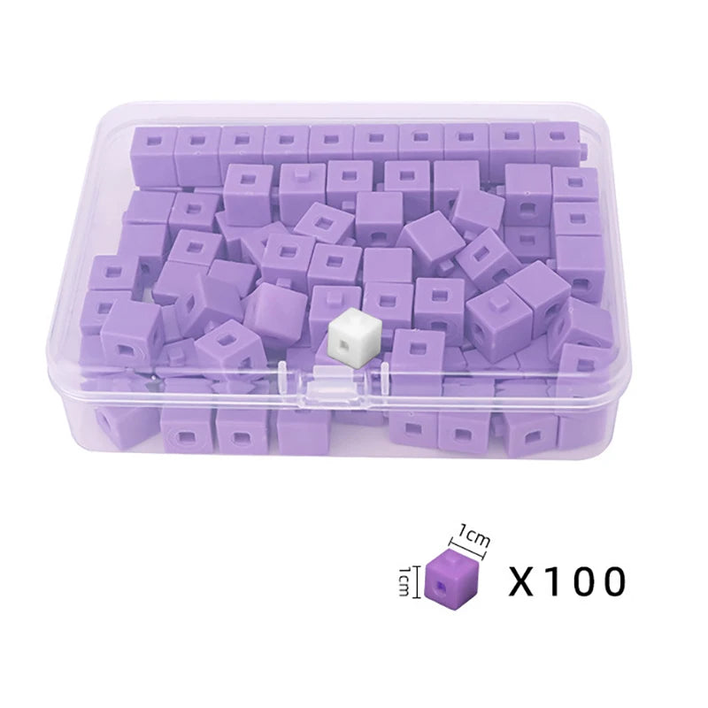 A clear plastic container filled with 100 purple linking cubes for early math learning.