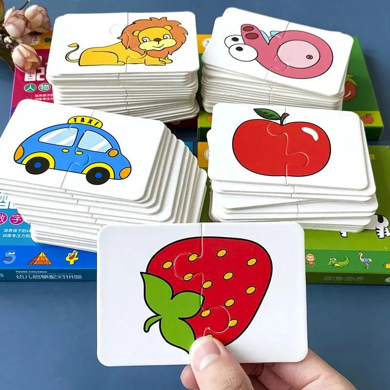 A hand holds a stack of animal matching cards featuring various animals like a lion, a car, and an apple.