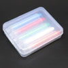 A clear plastic container holds twelve non-toxic chalk crayons in various colors for outdoor play.