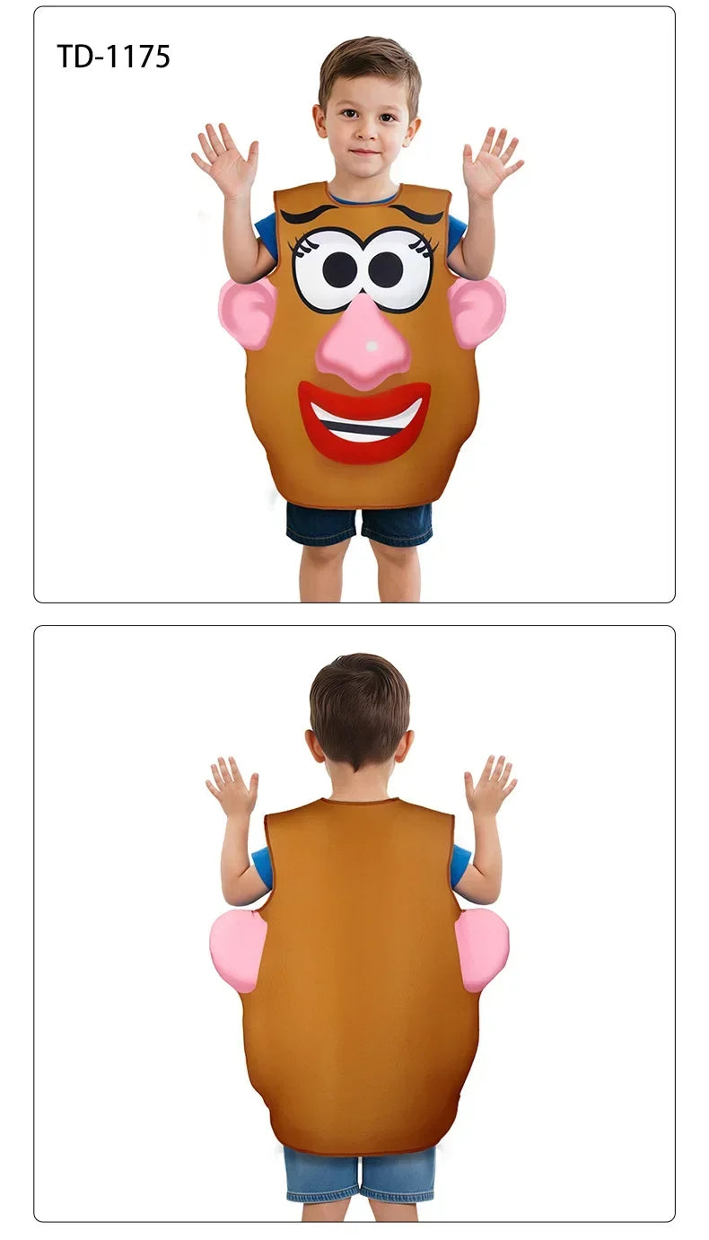 A boy wearing a Mr. Potato Head costume and a girl wearing a Mrs. Potato Head costume.