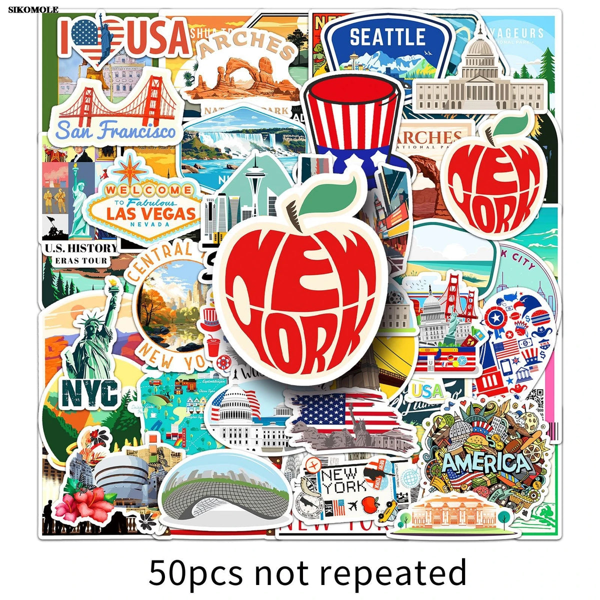 A collage of New York City and USA landmarks featuring various cartoon stickers for laptops and crafts.