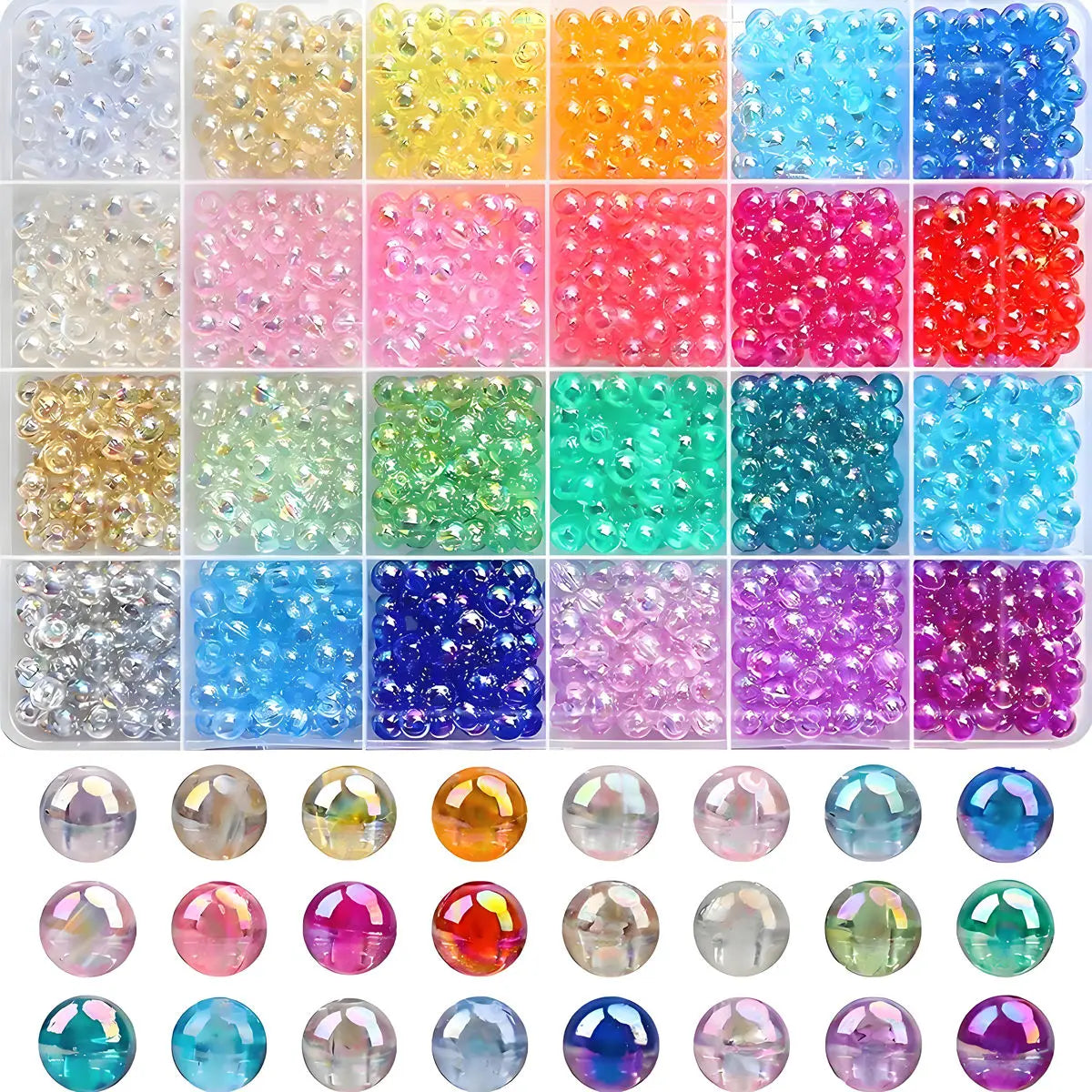 A grid display of 24 colors of mixed resin beads for jewelry making in various shades of clear, yellow, pink, orange, green, 