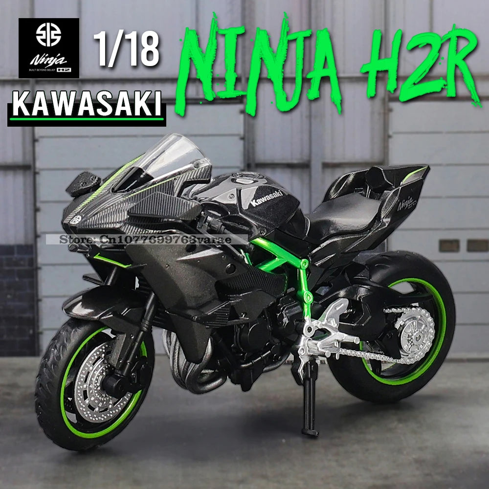 A black Kawasaki Ninja H2R die-cast model is displayed on a dark surface with green accents.