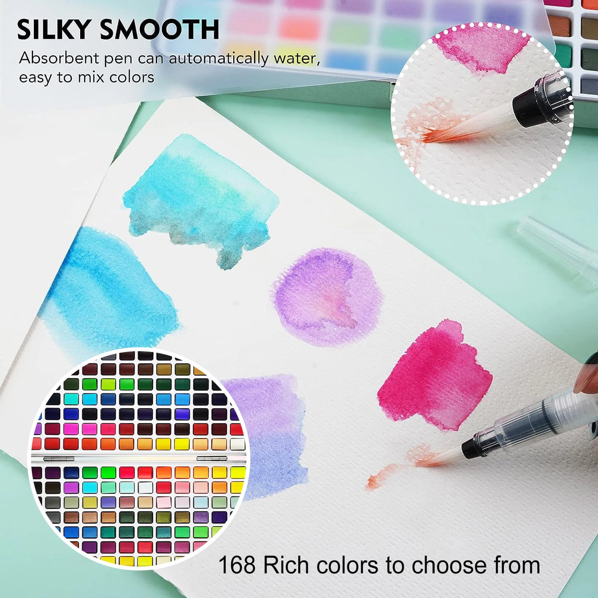 A watercolor paint set showing various colors and brushes on paper, demonstrating silky smooth mixing.