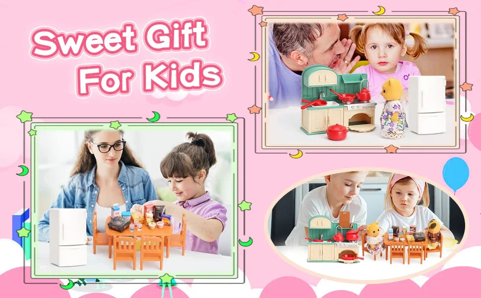 A set of dollhouse furniture and miniature kitchen items for kids, including figures and accessories.