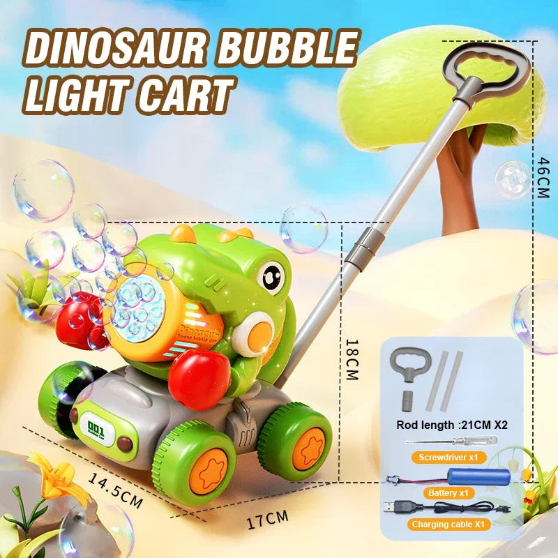 A green dinosaur bubble light cart toy with a long rod and battery for making bubbles.