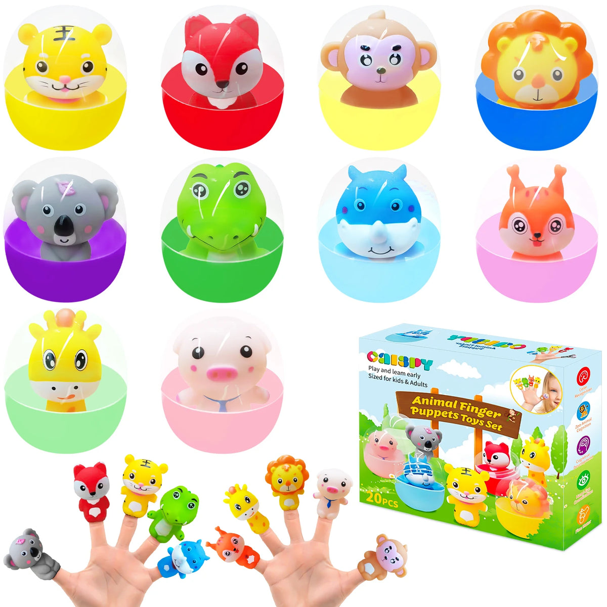 A collection of colorful soft rubber animal finger puppets for kids in various shapes and colors.