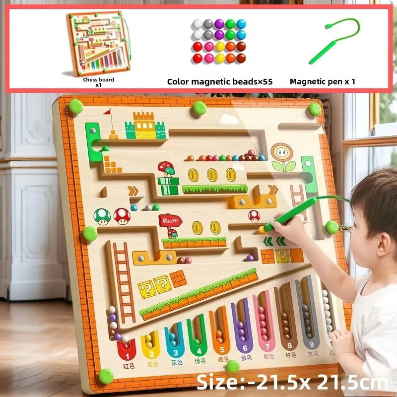 A wooden maze toy featuring colorful magnetic beads and numbers for counting and fine motor skill development.