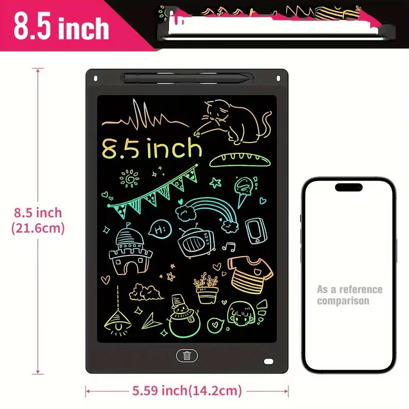 An 8.5 inch LCD drawing tablet showing various doodles and symbols on a black screen.