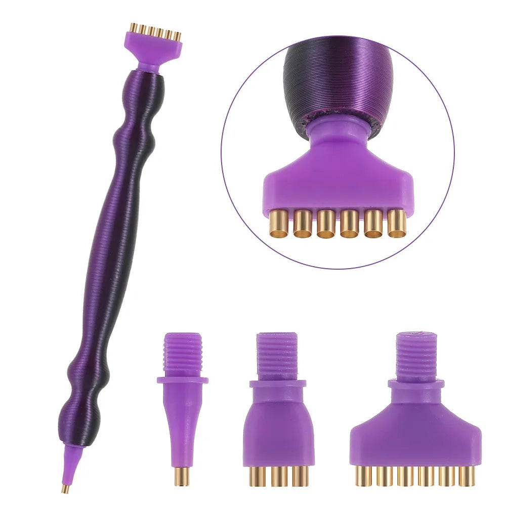 A set of precision diamond painting pens in purple with replacement tips shown in various forms.