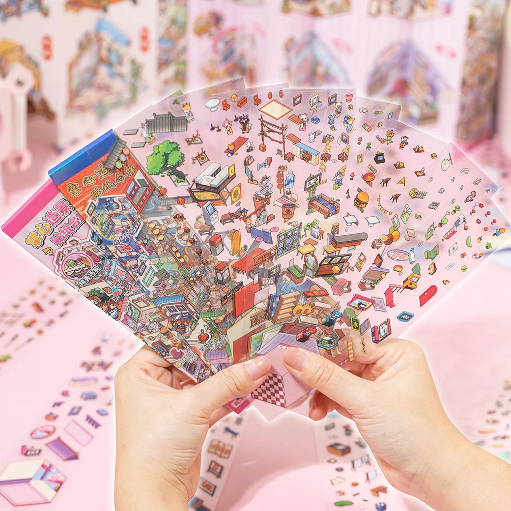 A hand holds a transparent plastic sheet filled with a 12-pack of colorful 3D landscape stickers.