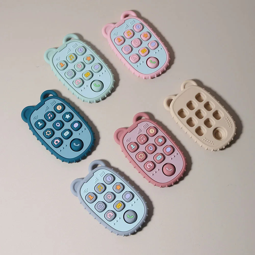 A collection of phone-shaped silicone teethers in various pastel colors and shapes for babies.