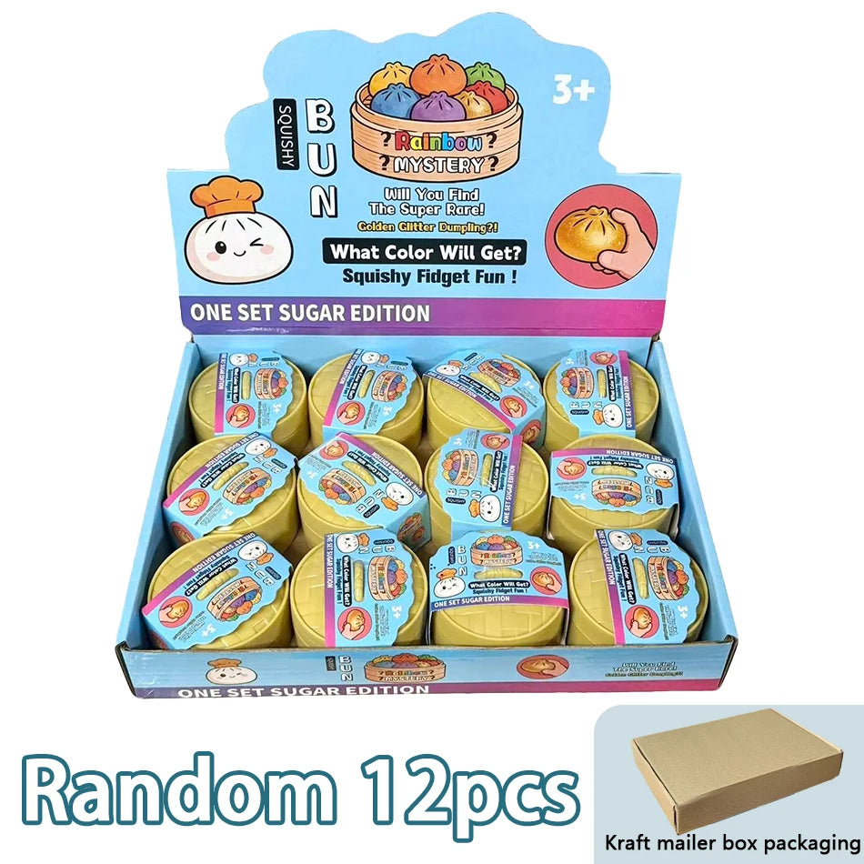A box of 12 pieces of colorful squishy fidget dumplings in a gift packaging