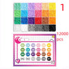 A box of 12,000 colorful Perler beads and a grid showing bead patterns for crafting.