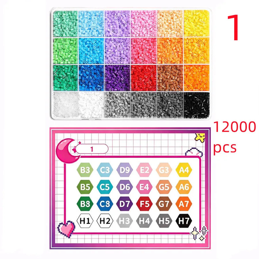 A box of 12,000 colorful Perler beads and a grid showing bead patterns for crafting.