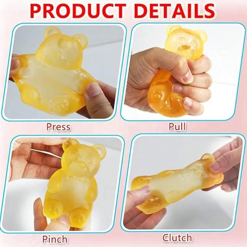Hands demonstrate various ways to interact with a yellow gummy bear sensory fidget toy including press, pull, pinch, and clut