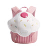 A pink mini backpack shaped like a mushroom for toddlers featuring a white body and pink accents.