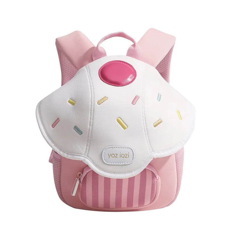 A pink mini backpack shaped like a mushroom for toddlers featuring a white body and pink accents.
