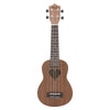 A brown acoustic ukulele with a wooden body and a light wood neck, featuring a heart inlay.