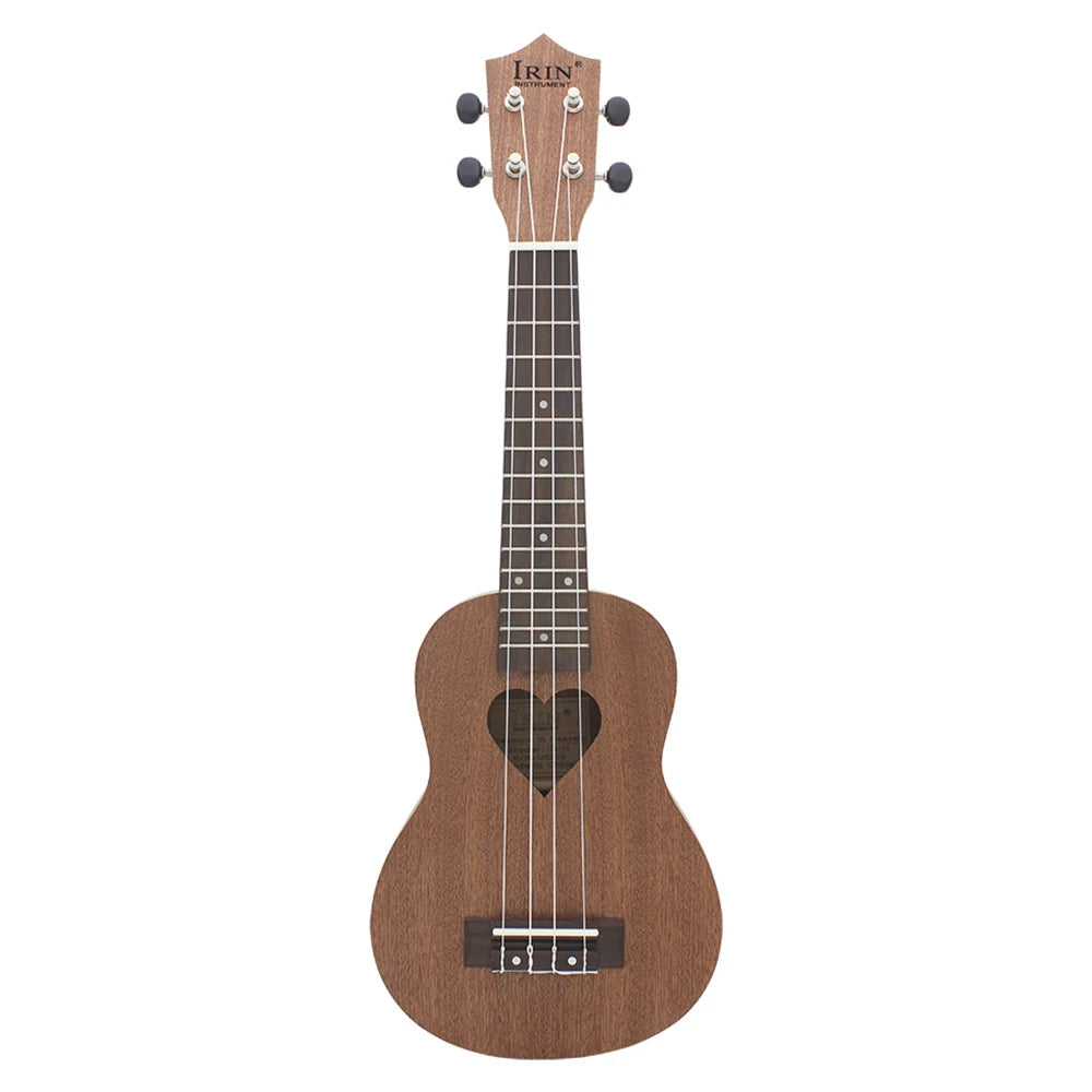 A brown acoustic ukulele with a wooden body and a light wood neck, featuring a heart inlay.