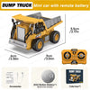 Yellow dump truck mini car with remote battery, accessories, and color box.
