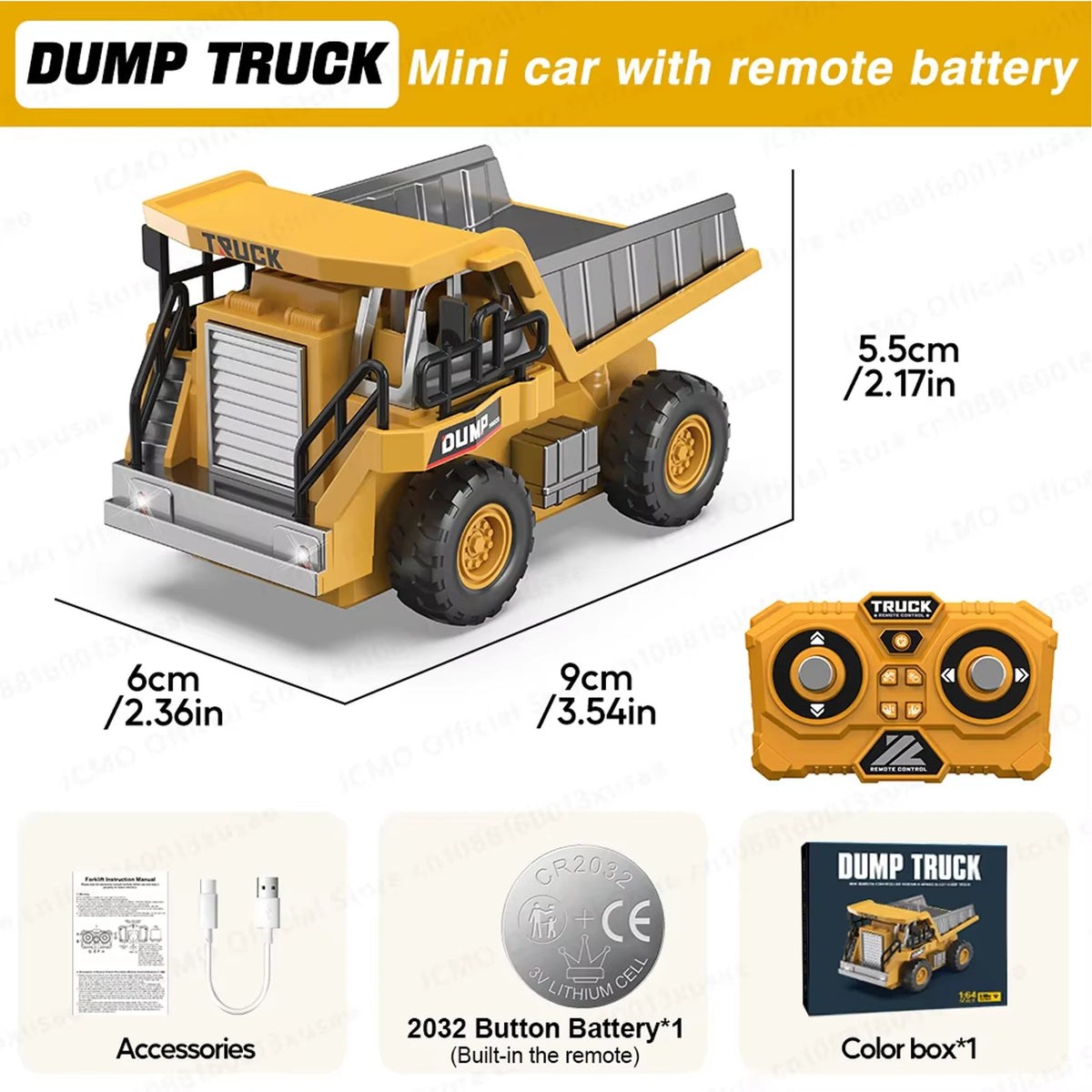 Yellow dump truck mini car with remote battery, accessories, and color box.