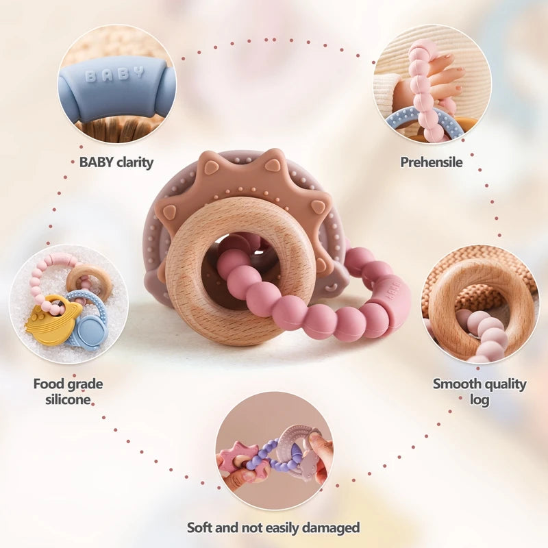 A silicone teether ring for babies shown with various features like clarity, prehensile grip, food grade material, and smooth