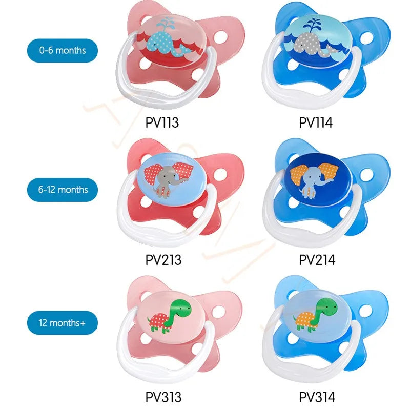 A set of silicone baby pacifiers in various colors and sizes for infants.