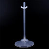 A clear plastic doll display stand featuring a vertical rod and a waist clip, mounted on a circular base.