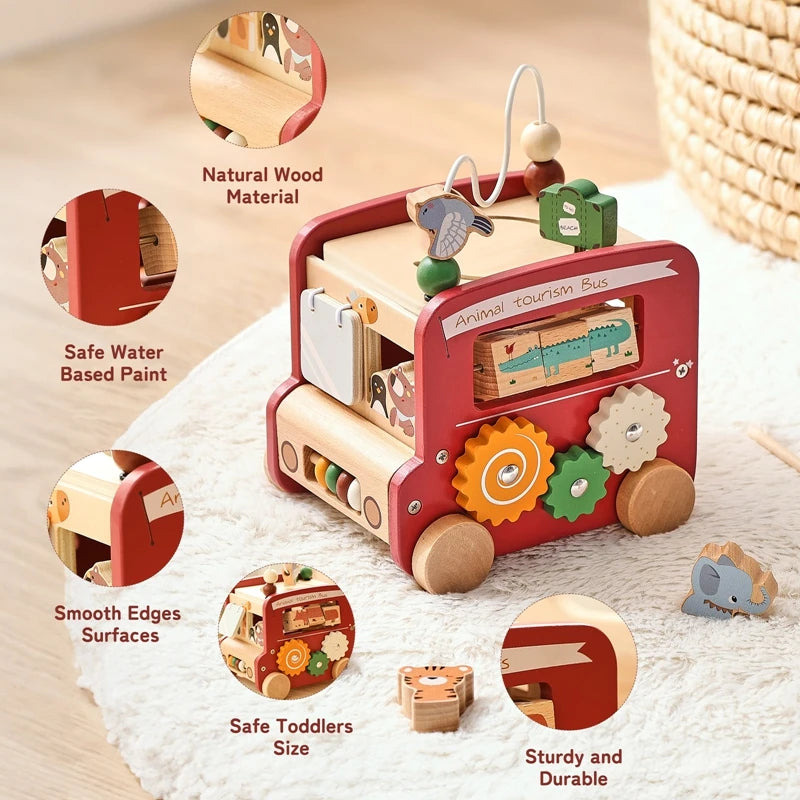 A red wooden animal tourism bus Montessori busy board for toddlers featuring natural wood material and various gears
