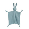 A soft cotton muslin baby comforter blanket shaped like a bunny with long ears.