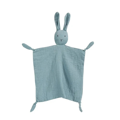 A soft cotton muslin baby comforter blanket shaped like a bunny with long ears.