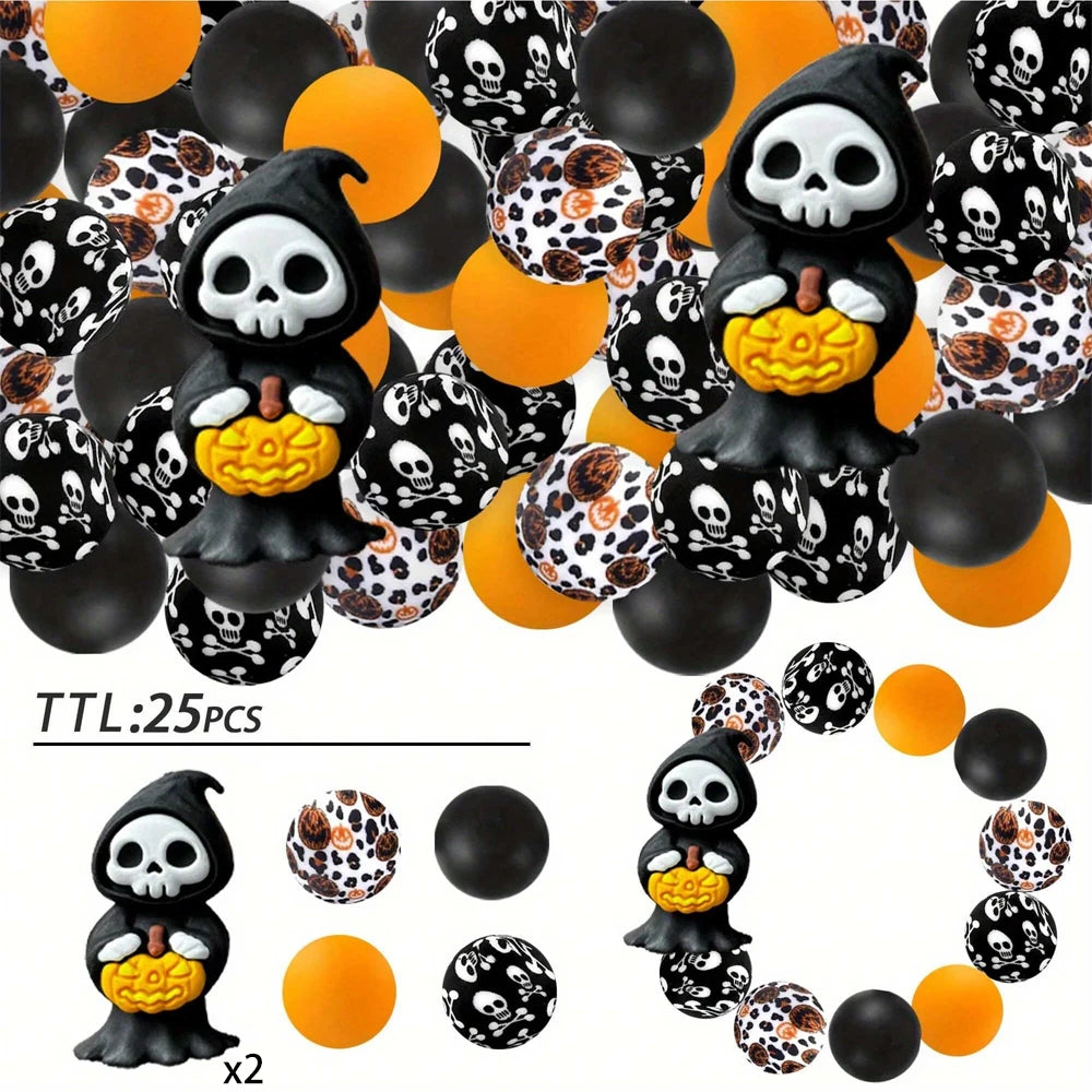 A set of 25 Halloween silicone beads featuring skulls and bats in black, orange, and yellow colors.