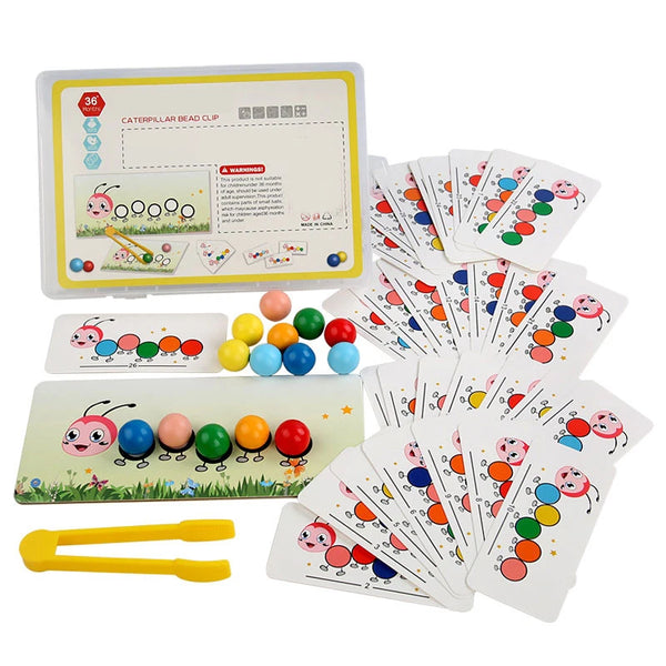 A set of wooden caterpillar bead clips and cards for a Montessori fine motor skills game