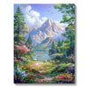 A vibrant landscape painting featuring mountains, trees, and a lake under a bright sky.