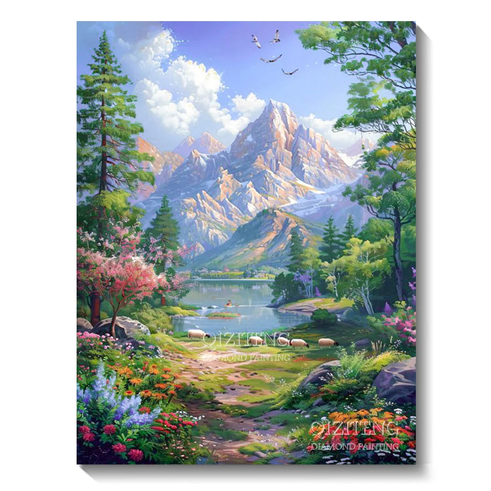 A vibrant landscape painting featuring mountains, trees, and a lake under a bright sky.