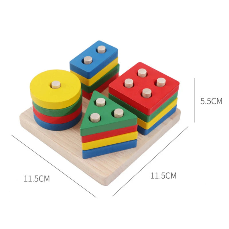 A set of wooden shape and color sorter puzzles for toddlers, featuring colorful geometric blocks on a wooden board.