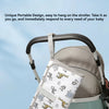 A portable waterproof baby changing mat with a carry handle is shown being used on a stroller.