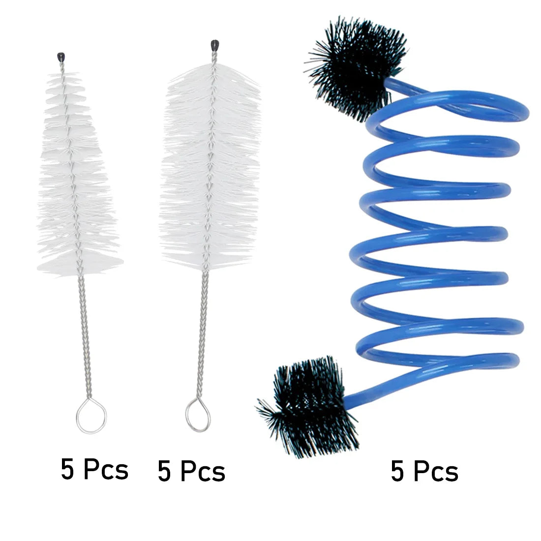 A cleaning kit showing three items: a white feather brush, a silver bristled brush, and a blue coiled brush.
