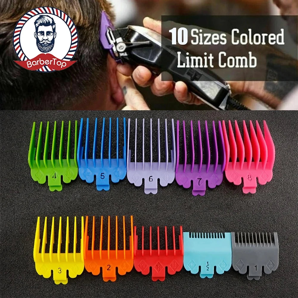 A collection of ten sized colored limit combs for a barber comb, shown next to a hand holding the comb.