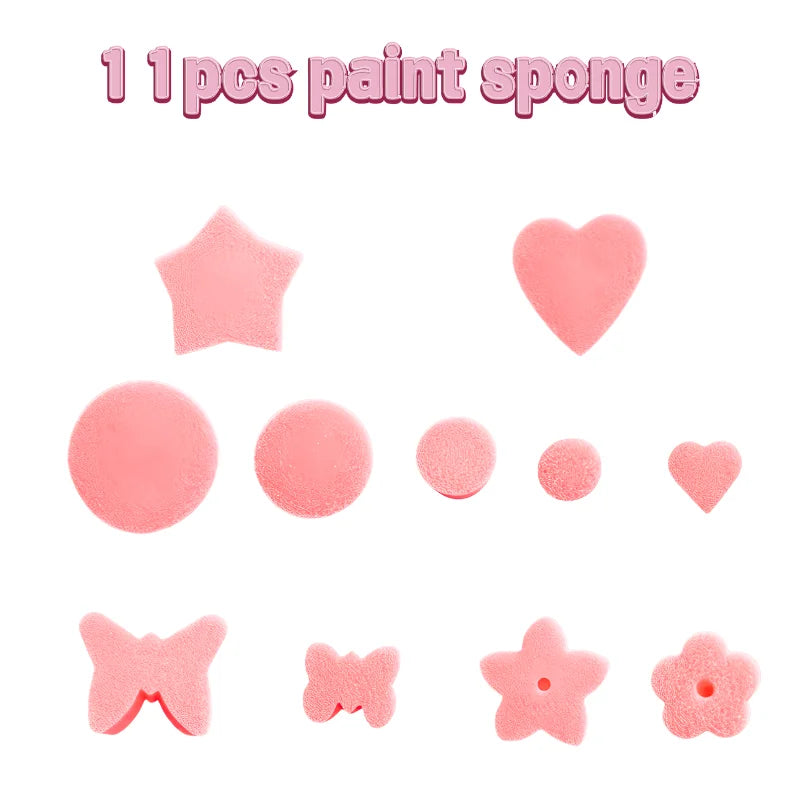 A set of eleven pink paint sponges and stamps for arts and crafts