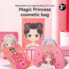 A pink cosmetic bag featuring a princess design with a crown and a girl illustration.