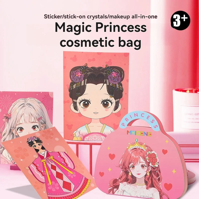 A pink cosmetic bag featuring a princess design with a crown and a girl illustration.