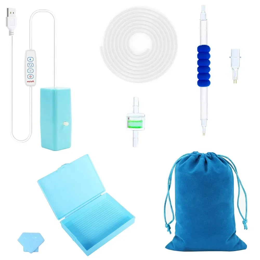 A kit for electric diamond painting featuring a pen, suction tool, and blue storage pouch.