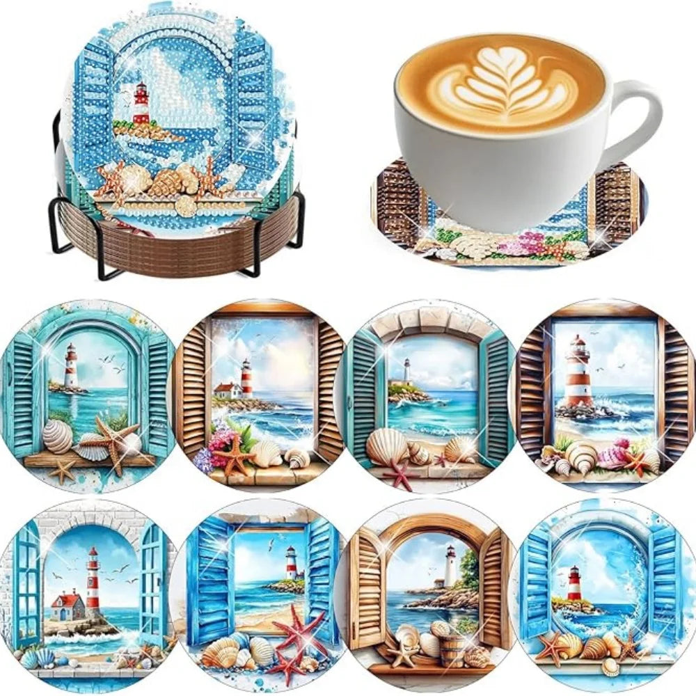 A set of DIY diamond art coasters featuring cute dog designs with metal holders and various scenic illustrations.