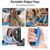 A hand holds a blue spike roller fidget toy with a black keychain, shown in various contexts like commuting and office work.